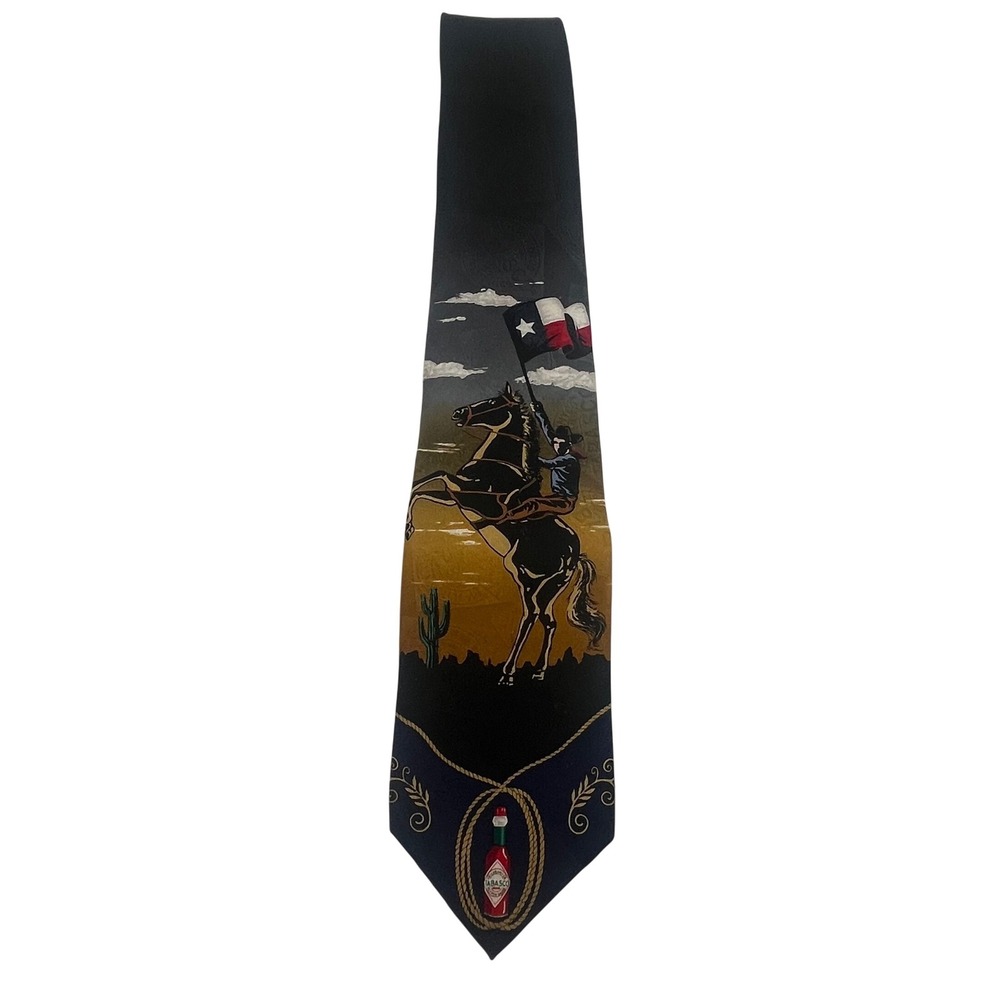 Tabasco Scenic Western Desert Landscape Cactus Lasso Border Tie Silk USA 90's